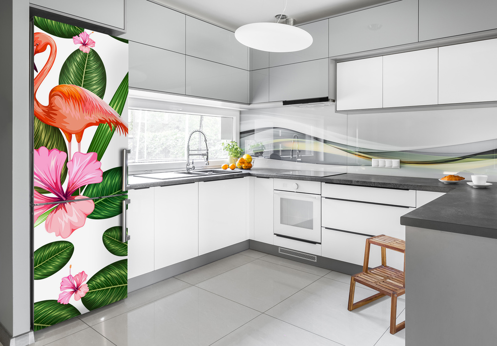 Foto nálepka na chladničku Plameniaky a kvety