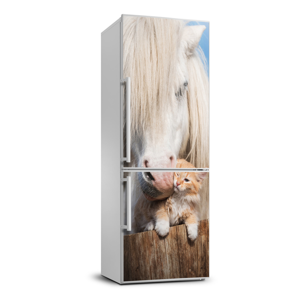 Foto nálepka na chladničku Biely kôň s mačkou