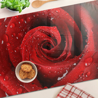Sklenená doska na krájanie Červená ruža s kvapkami vody