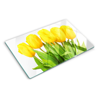 Sklenená doska na krájanie Žlté tulipány na zelenom pozadí