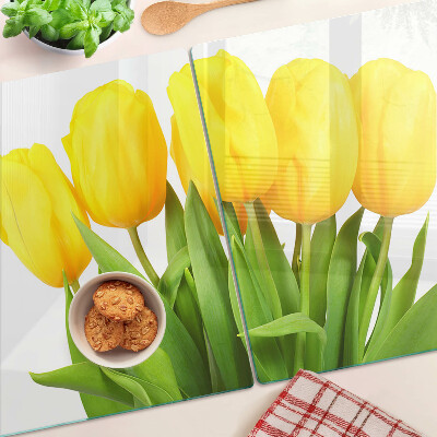 Sklenená doska na krájanie Žlté tulipány na zelenom pozadí