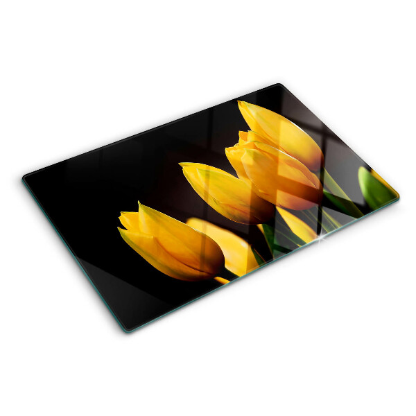Sklenená doska na krájanie Žlté tulipány na čiernom pozadí