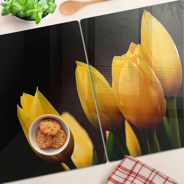 Sklenená doska na krájanie Žlté tulipány na čiernom pozadí