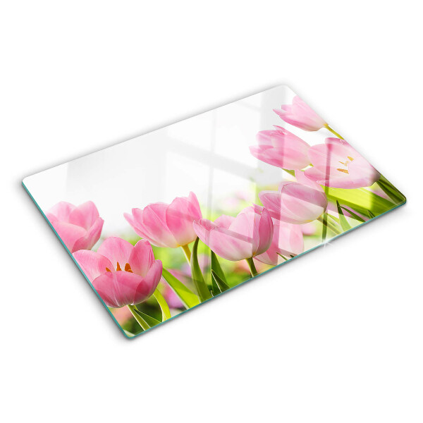 Sklenená doska na krájanie Ružové tulipány v záhrade