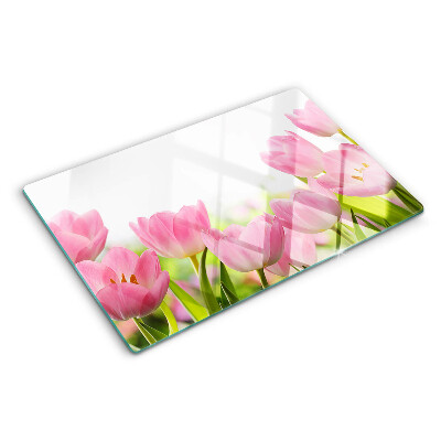 Sklenená doska na krájanie Ružové tulipány v záhrade