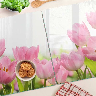 Sklenená doska na krájanie Ružové tulipány v záhrade