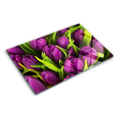 Sklenená doska na krájanie Fialové tulipány so zelenými listami