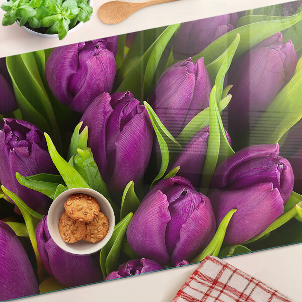 Sklenená doska na krájanie Fialové tulipány so zelenými listami