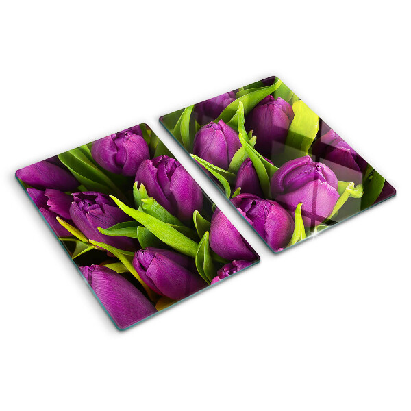 Sklenená doska na krájanie Fialové tulipány so zelenými listami