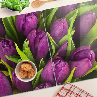 Sklenená doska na krájanie Fialové tulipány so zelenými listami