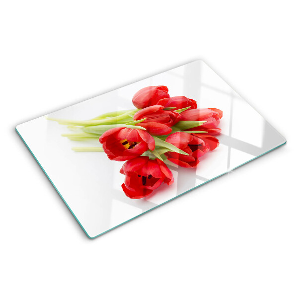 Sklenená doska na krájanie Červené tulipány na bielom pozadí