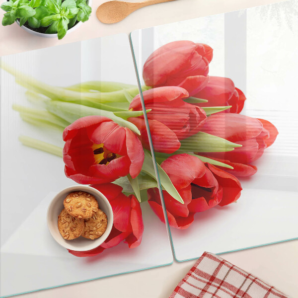 Sklenená doska na krájanie Červené tulipány na bielom pozadí