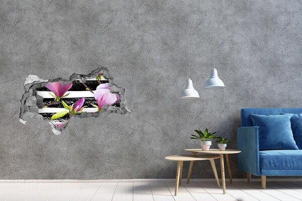 Nálepka 3D diera na stenu Kvety na pruhovanom pozadí