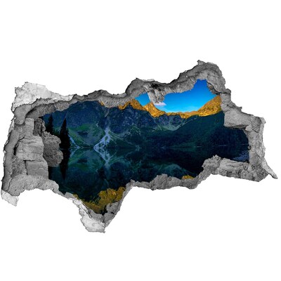 Diera 3D v stene nálepka Horská krajina s jazerom