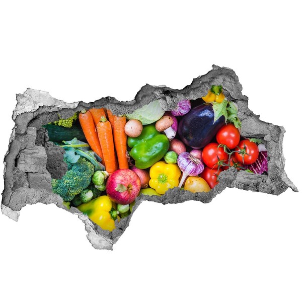 Nálepka fototapeta 3D na stenu Farebná zelenina a ovocie v diere v stene