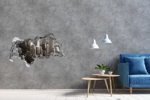 Fototapeta diera na stenu 3D Pohľad na mesto z diery v stene