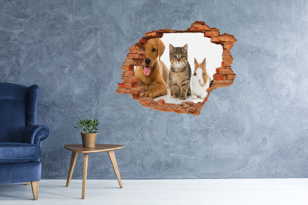 Nálepka 3D diera na stenu samolepiaca Pes a mačka