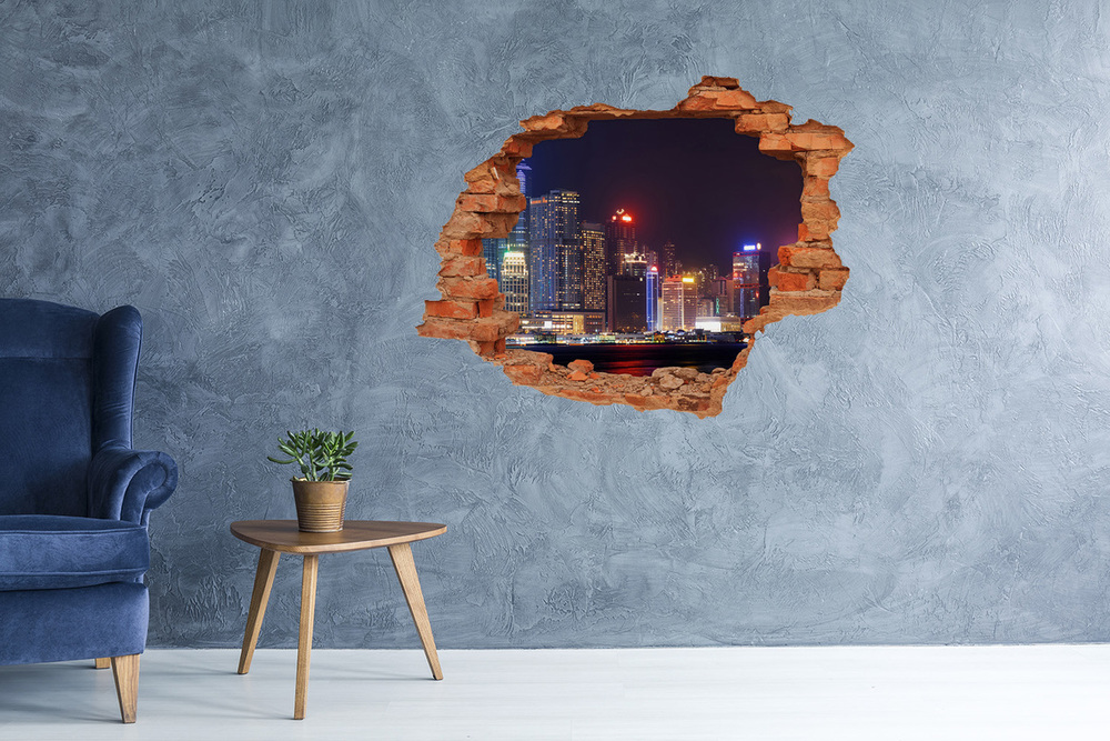 Nálepka 3D diera na stenu samolepiaca Hong kong v noci