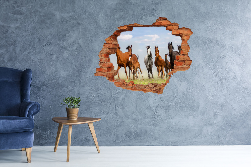 Nálepka 3D diera na stenu Cválajúca kone