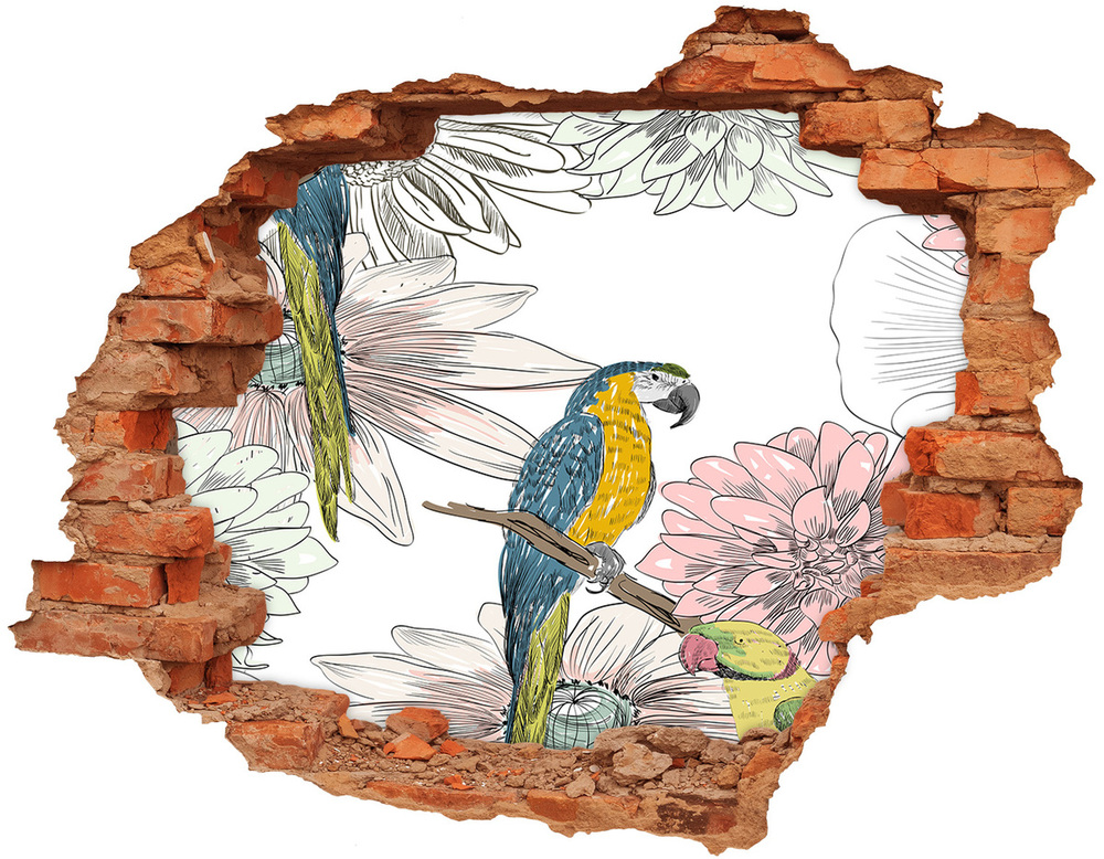 Nálepka 3D diera na stenu Papagáje a kvety