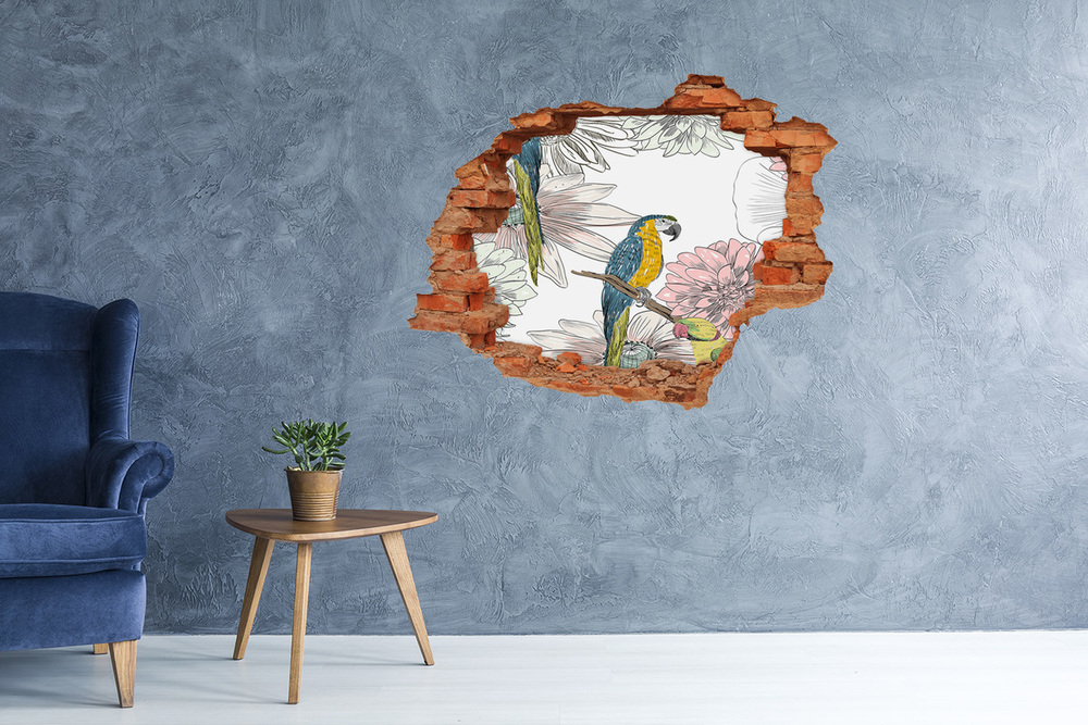 Nálepka 3D diera na stenu Papagáje a kvety