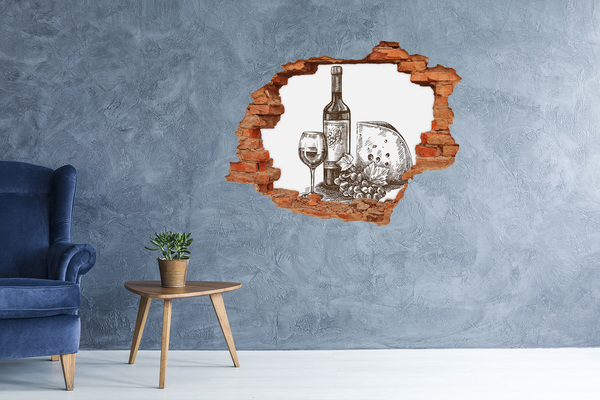 Diera 3D fototapeta nálepka Víno a syr na pozadí poškodenej steny