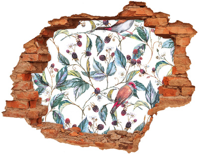 Nálepka 3D diera betón Vták medzi černicami