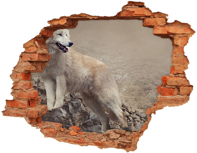 Diera 3D v stene nálepka Biely vlk na skale