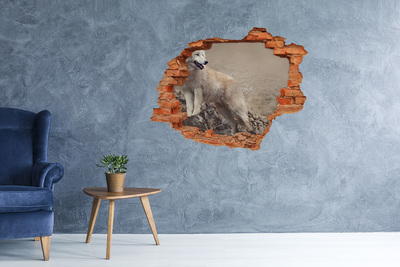 Diera 3D v stene nálepka Biely vlk na skale