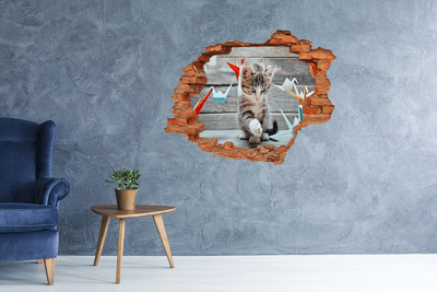 Fototapeta diera na stenu 3D Mačka s papierovými vtákmi