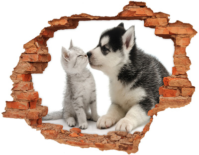 Diera 3D v stene nálepka Pes a mačka