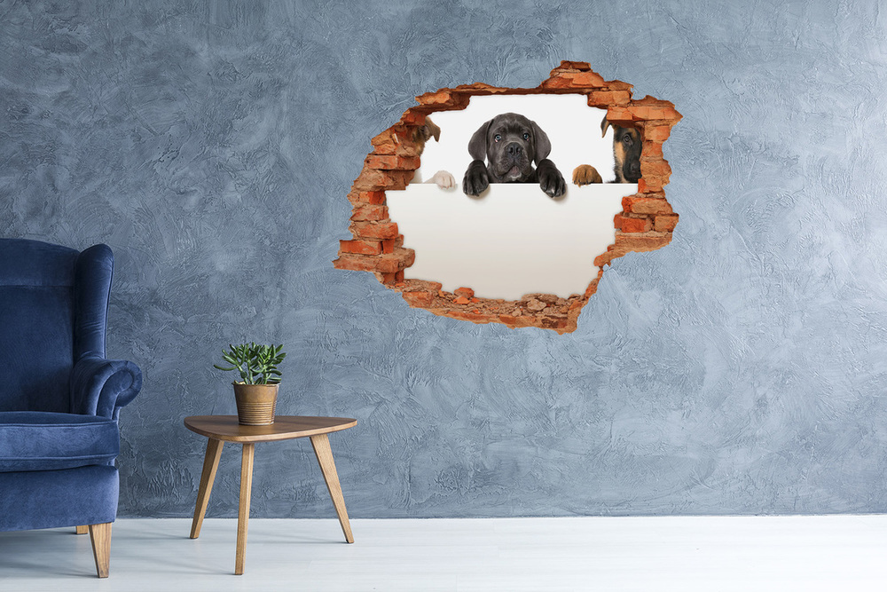 Nálepka 3D diera na stenu Tri šteňatá
