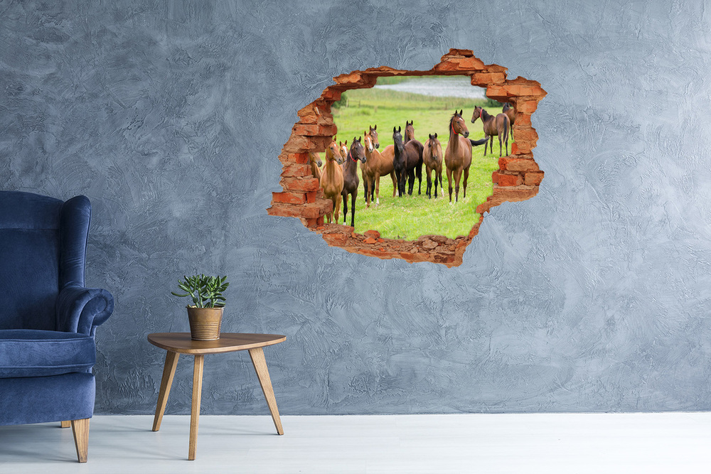Nálepka 3D diera na stenu Stádo koní na lúke