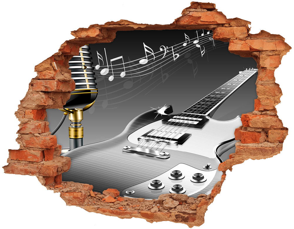 Nálepka 3D diera na stenu betón Gitaru a mikrofón
