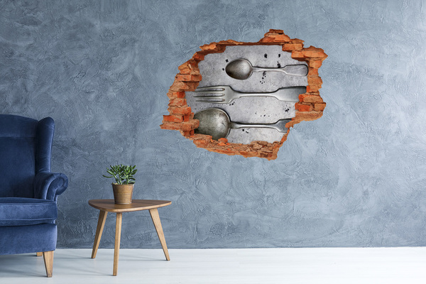 Diera 3D v stene nálepka Rozbitá stena s výhľadom na príbory