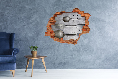 Diera 3D v stene nálepka Rozbitá stena s výhľadom na príbory