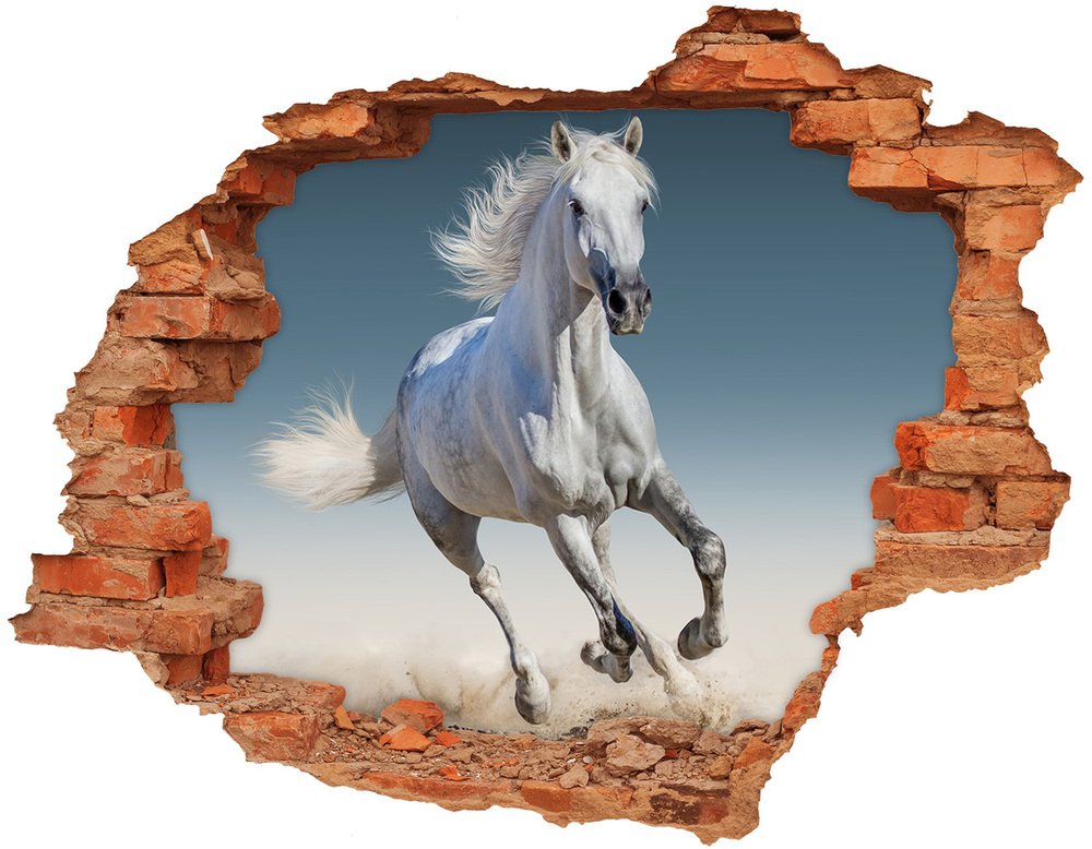 Diera 3D v stene nálepka Biely kôň v trysku