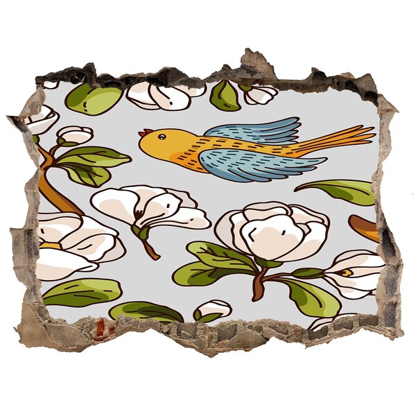 Díra 3D fototapeta nálepka Kvetinový raj s vtákom