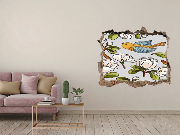 Díra 3D fototapeta nálepka Kvetinový raj s vtákom
