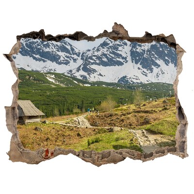 Díra 3D ve zdi na stěnu Horská krajina s dedinou