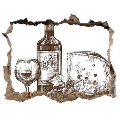 Nálepka 3D díra samolepící Víno a syr na pozadí poškodenej steny