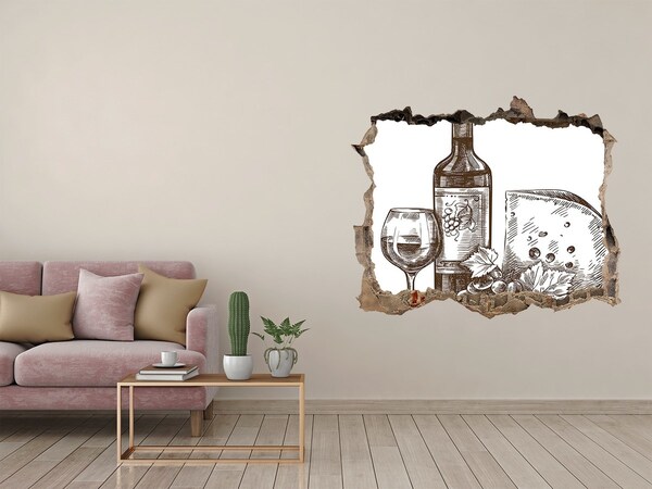 Nálepka 3D díra samolepící Víno a syr na pozadí poškodenej steny