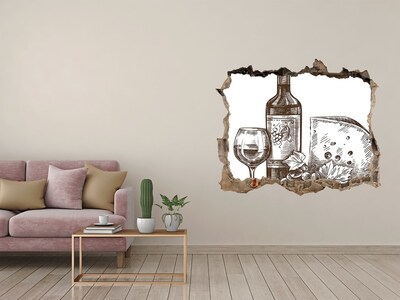 Nálepka 3D díra samolepící Víno a syr na pozadí poškodenej steny