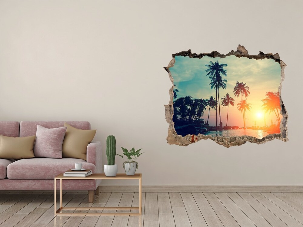 Díra 3D ve zdi nálepka Sunset palm