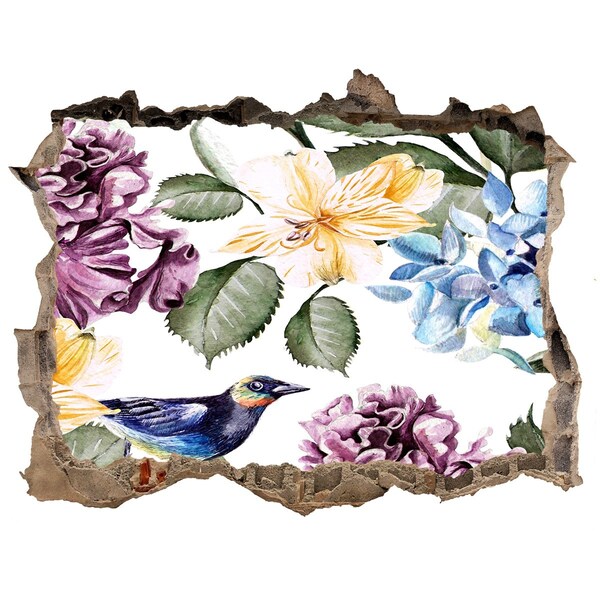 Nálepka 3D díra na zeď Kvetinový raj s vtákom