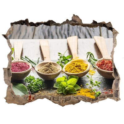 Nálepka 3D díra na zeď Kuchynské korenie v drevených lyžiciach