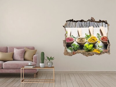 Nálepka 3D díra na zeď Kuchynské korenie v drevených lyžiciach