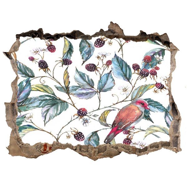 Nálepka 3D díra na zeď Vták medzi černicami