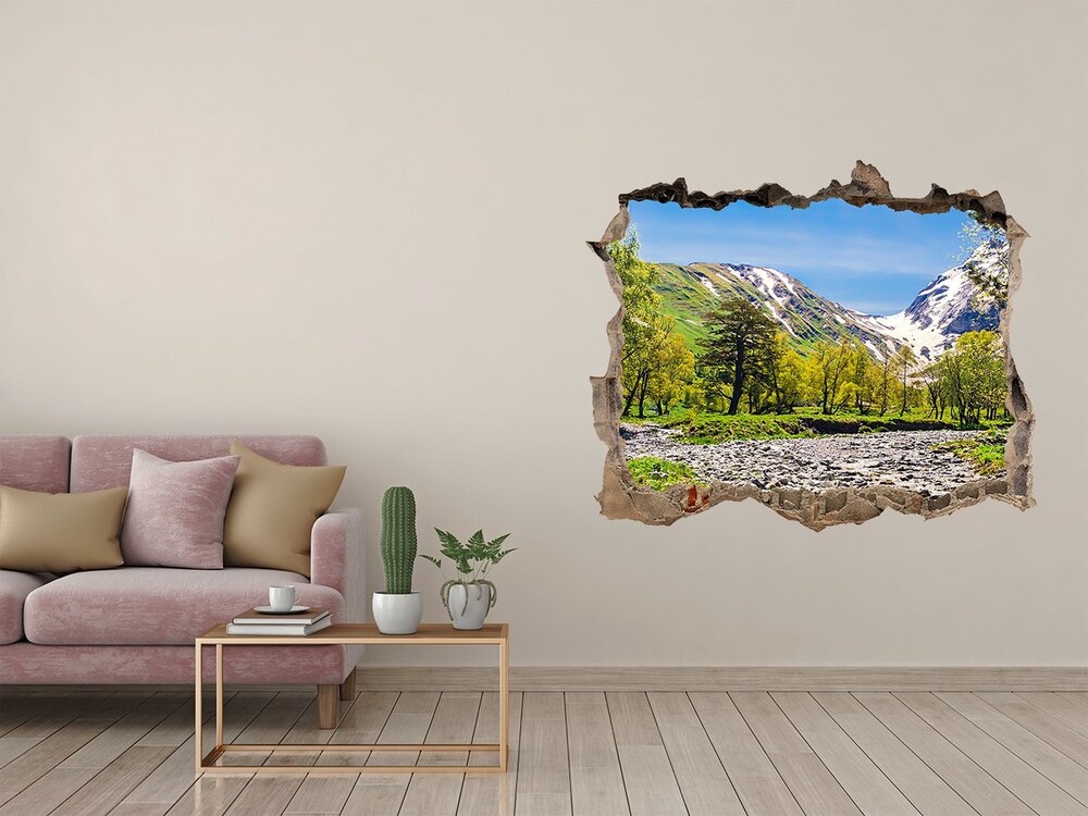 Díra 3D ve zdi nálepka Rieka v horách