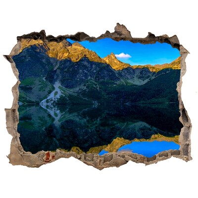 Díra 3D ve zdi nálepka Horská krajina s jazerom